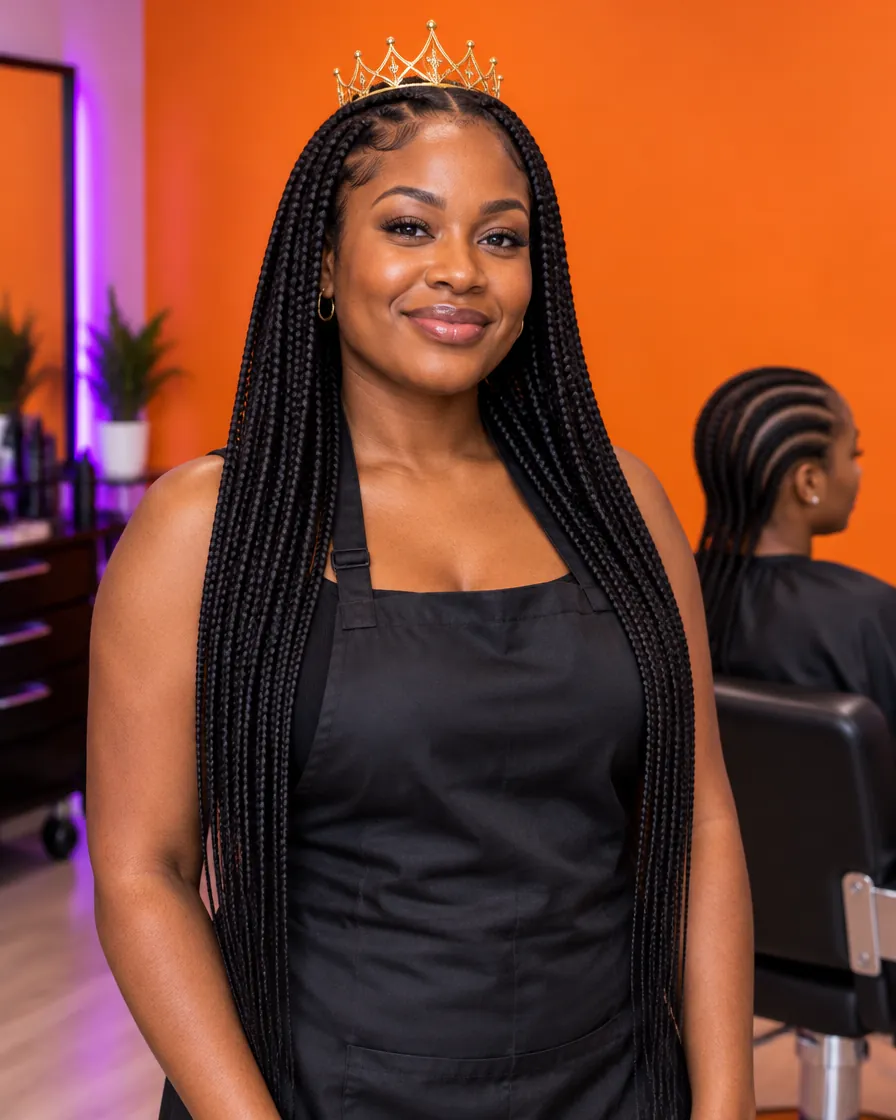 A smiling Braid Artist with long knotless braids and a gold crown in her salon